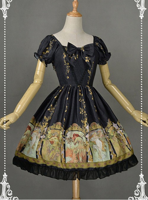 Black Sweet Bowknot Decorated Neckline Short Lolita Dress  |  Classic Lolita Dresses