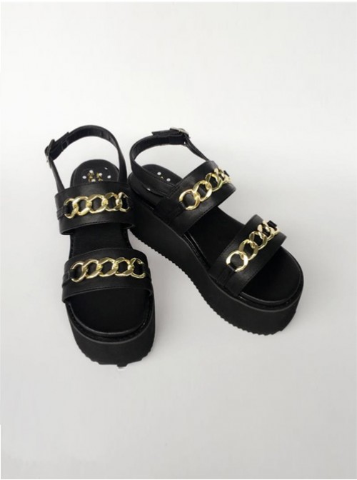 Black Thick Bottom Muffin Shoes Sandals Metal Decoration  |  Lolita Sandals