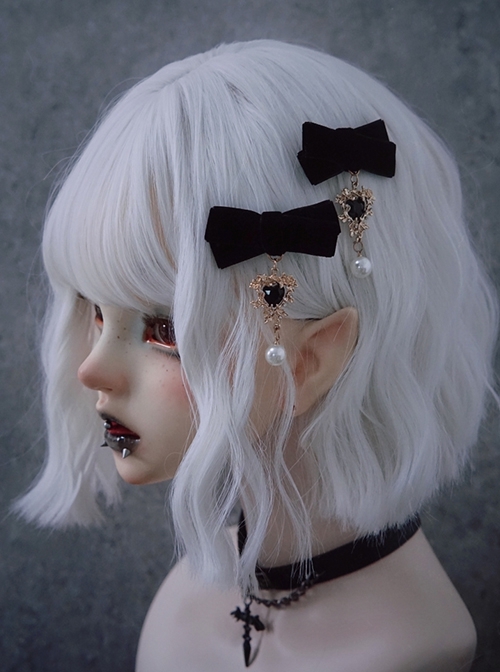 Black Velvet Bow-Knot Pearl Embellished Gothic Lolita Hair Clip  |  Lolita Hairpins