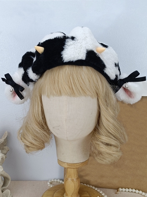 Black-White Cows Plush Bow Bell Dome Outing Warm Cute Sweet Lolita Pumpkin Hat Beret  |  Lolita Headbands