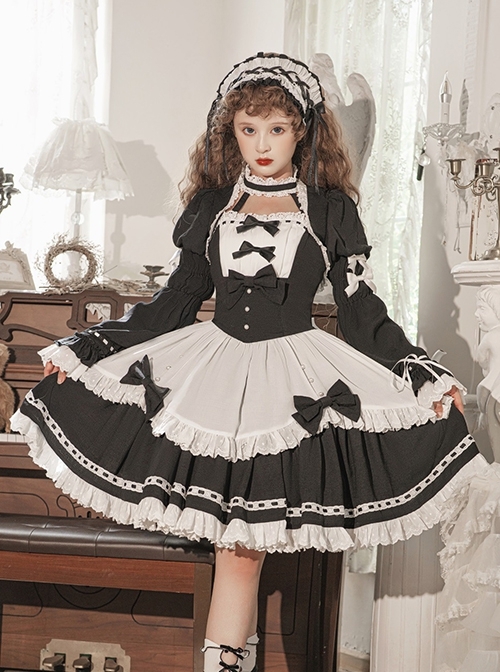 Black-White Elegant Maid Bubble Flare Sleeves Bow-Knot Decorate Lace Classic Lolita Sleeveless Dress Set  |  Classic Lolita Dresses