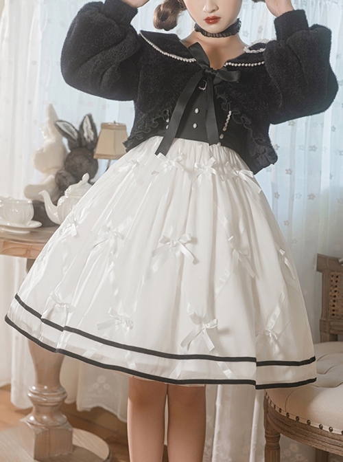 Black-White Elegant Sleeveless Lace Bow Dress Plush Jacket Classic Lolita Dress Set  |  Classic Lolita Dresses