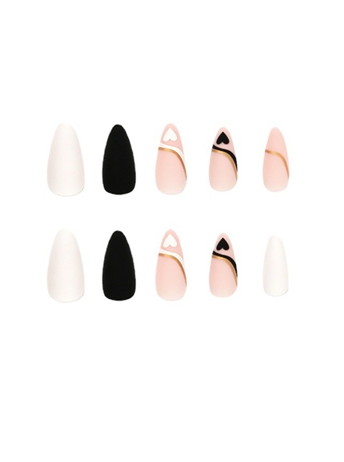 Black White Heart-Shaped French Simple Gold Thread Jumping Color Matte Finished Disposable Manicure Nail Pieces  |  Nails