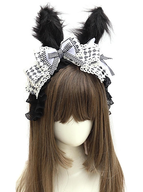 Black-White Plaid Bowknot Black Lace Fried Hair Rabbit Ear Design Sweet Lolita Headband  |  Lolita Headbands