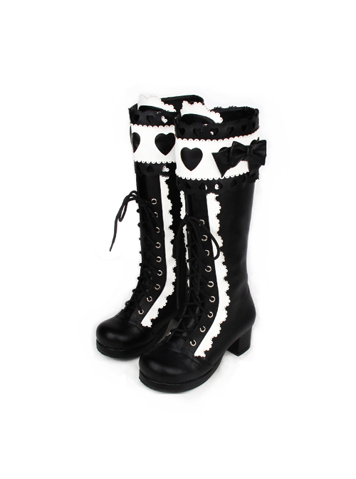 Black-white Sweet Lace Bowknot Heart-shaped Round-toe Lolita High Boots  |  Lolita Boots