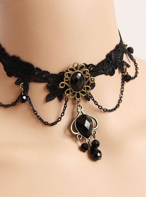 Black Woven Flowers Lace Gothic Lolita Necklace  |  Lolita Necklaces