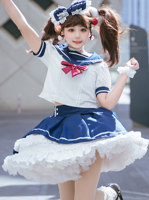 Blue And White Splicing School Lolita Short Sleeve Shirt And Skirt Set  |  School Lolita Dresses