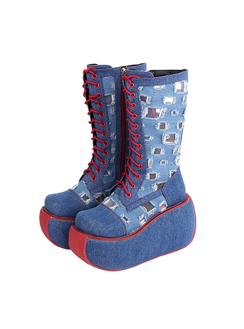 Blue Beggar Denim Stitching Hollow Hole High Top Cross Strap Design Punk Lolita Platform Zip Boots  |  Gothic & Punk Footwear