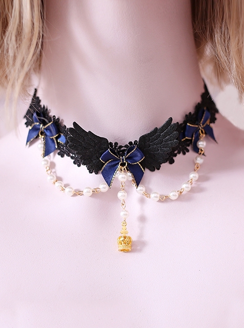 Blue Bowknot Decoration Black Wings Bead Chain Gorgeous Gothic Lolita Necklace  |  Lolita Necklaces