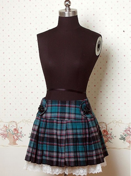 Blue Check Pattern Pleated Lolita Skirt  |  Skirts