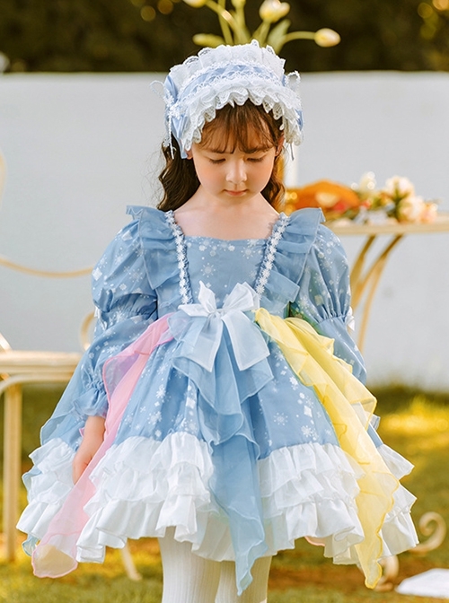 Blue Cute Puff Sleeve Snowflake Print Multicolor Irregular Hem Design Classic Lolita Kids Long Sleeve Dress  |  Kids Dresses