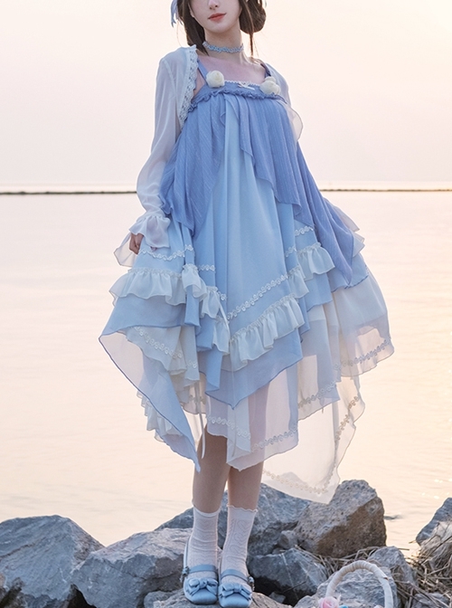 Blue Elegant Gradient Irregular Hem Loose Summer Long Sleeve Shawl Classic Lolita Sleeveless Dress Set  |  Classic Lolita Dresses