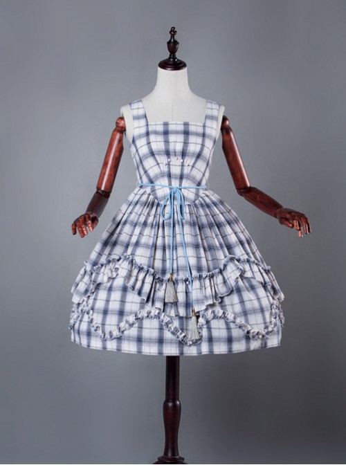 Blue Grid High Waist Lolita Dress  |  Classic Lolita Dresses