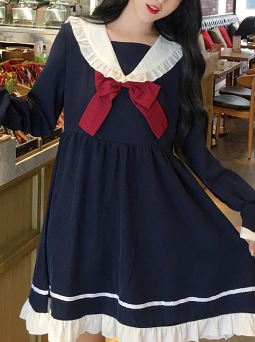 Blue Long Sleeves Bow Chiffon School Lolita Dress  |  School Lolita Dresses