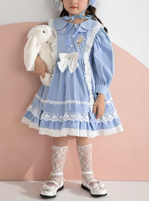 Blue Lovely Petal Collar Embroidered Pleated Ruffle Lace Lantern Sleeve Bow Classic Lolita Kids Long Sleeve Dress  |  Kids Dresses