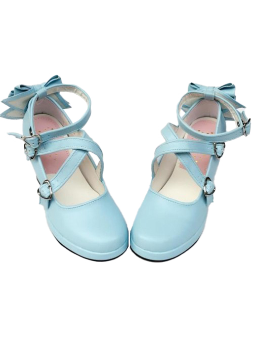 Blue Matt Cross Bandage High Heel Bowknot Lolita Princess Shoes  |  Lolita Shoes