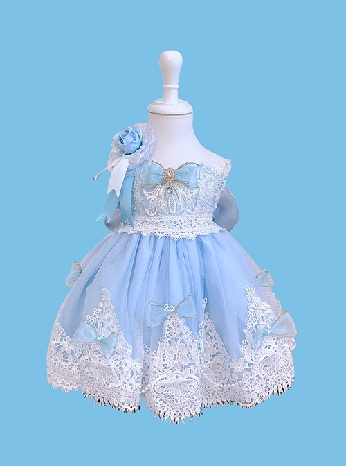 Blue Ornate Jacquard Embroidery Lace Trim Jewelry Bow Knot Decorative Flower Bow On The Back Classic Lolita Kid Dress  |  Kids Dresses