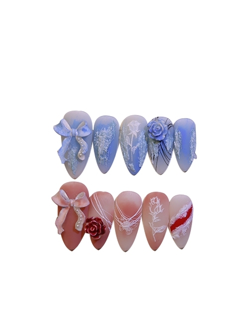 Blue-Pink Mandarin Duck Color Butterfly Rose Gradient Brushed Manual Frosted Detachable Finished Manicure Nail Pieces  |  Nails