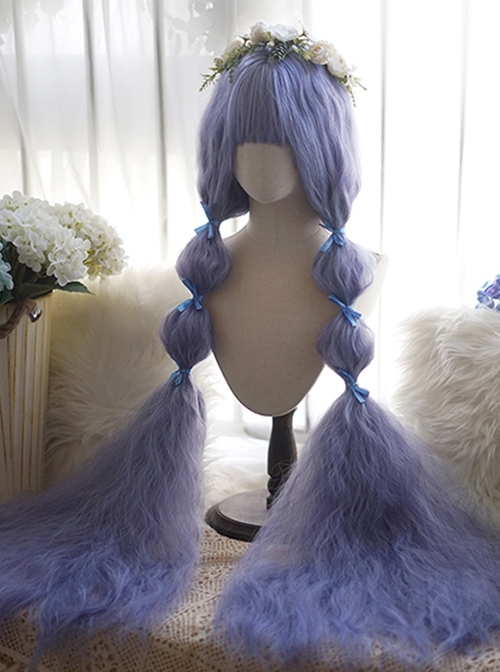 Blue Purple Extra Long Stylish Little Curly Design Air Bangs Classic Lolita Princess Long Wig  |  Wigs