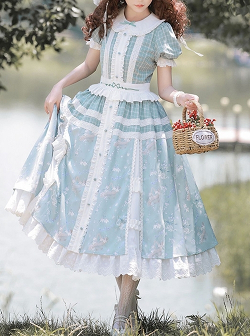 Blue Retro Print Plaid Stitching Cute Doll Collar Bowknot Embroidery Elegant Classic Lolita Short Sleeved Dress  |  Classic Lolita Dresses