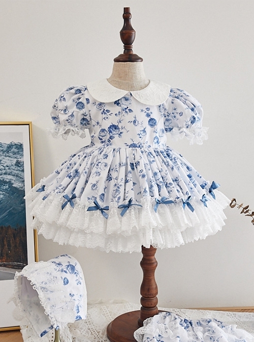 Blue Rose Flower Print Decoration Pleated Lace Jacquard Bow Hem White Doll Neckline Classic Lolita Kid Dress  |  Kids Dresses