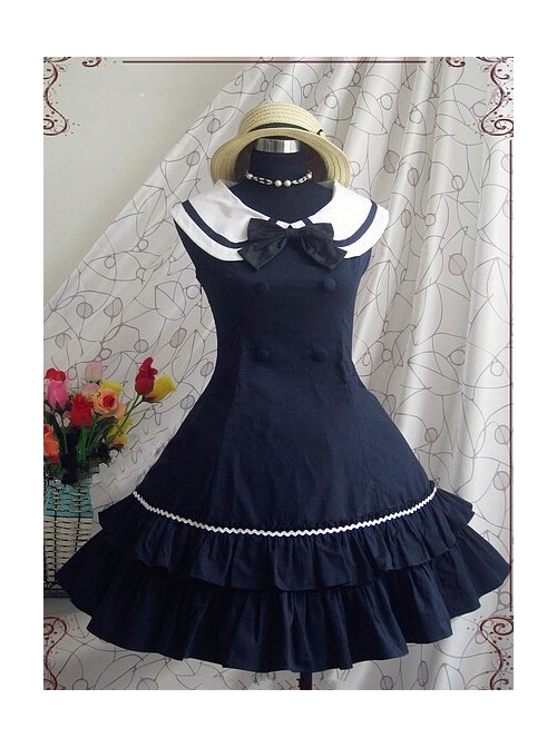 Blue Sleeveless Bow Preppy Style Cotton Lolita Dress  |  School Lolita Dresses