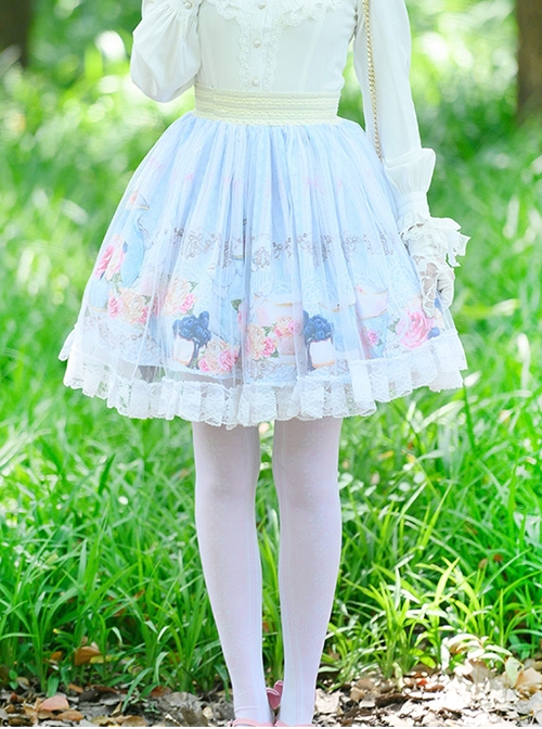 Blue Sweet Japanese Style Delicate And Cute Graphic Print Chiffon Mesh Decoration Classic Lolita Skirt  |  Skirts