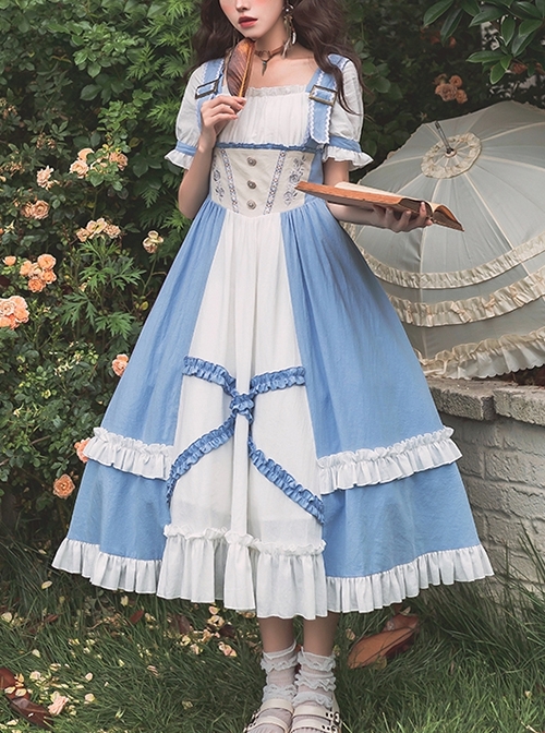 Blue White Square Neck Metal Buckle Logo False Two-Piece Chest Design Rose Embroidery Decoration Mosaic Rhombus Classic Lolita Dress  |  Classic Lolita Dresses