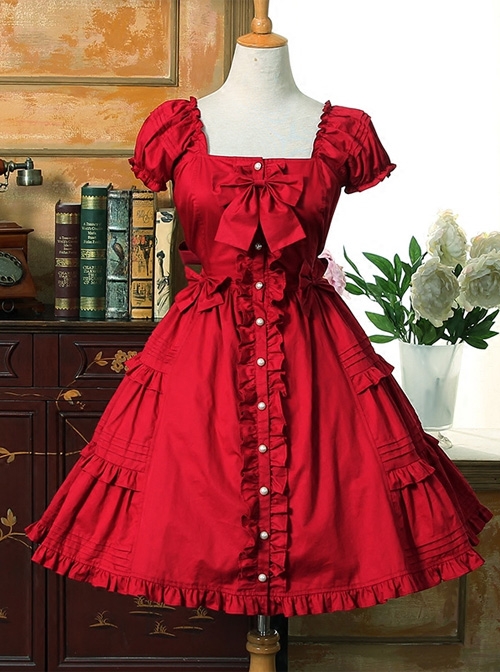 Bow Cotton Flounced Short Sleeve Lolita Dress  |  Classic Lolita Dresses