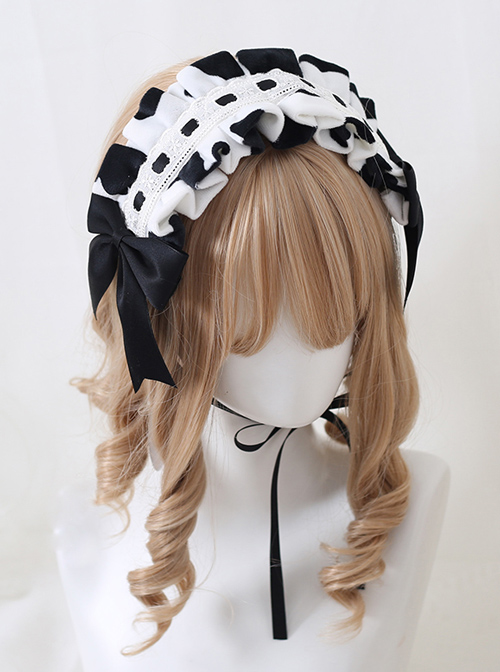 Bowknot Black White Milk Cow Sweet Lolita Short Plush Headband  |  Lolita Headbands