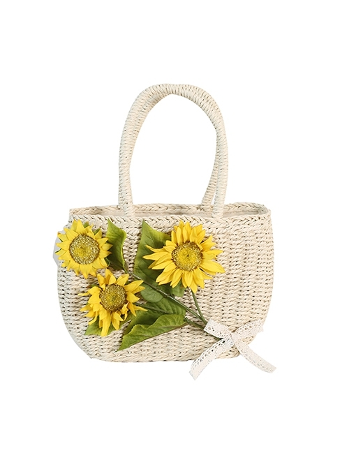 Bright Yellow Sunflower Natural Fresh Gentle Portable Shoulder Beach Woven Travel Straw Classic Lolita Bag  |  Lolita Bags