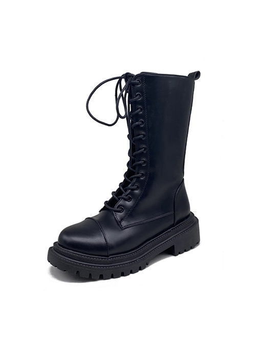 British College Style Lolita Daily Commute Black Thick Sole Mid Calf Shoelaces Straps Boots Knight Cool Martin Boots  |  Lolita Boots