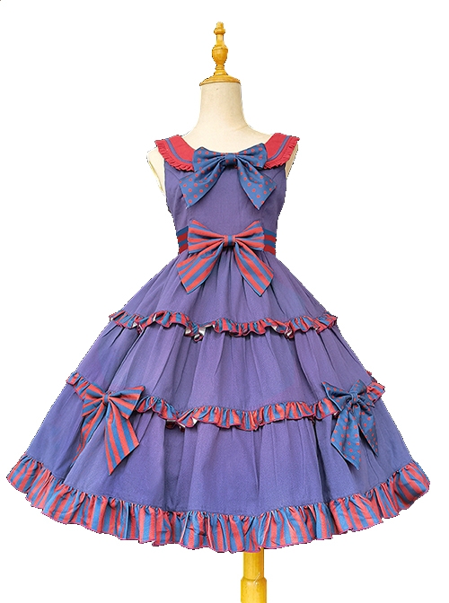 Britney Series Red And Blue Striped Pleated Lace Trim Square Neckline Design Polka Dot Bow Knots Classic Lolita Sleeveless Dress  |  Classic Lolita Dresses