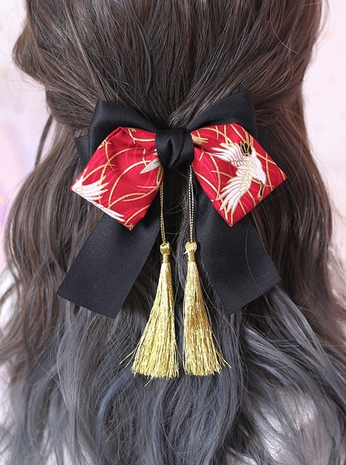 Bronzing Crane Print Gold Tassel Decorated Black Bowknot Classic Lolita Hair Clip  |  Lolita Hairpins