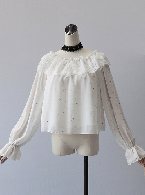 Bronzing White Chiffon Classic Lolita Long Sleeve Shirt  |  Blouses