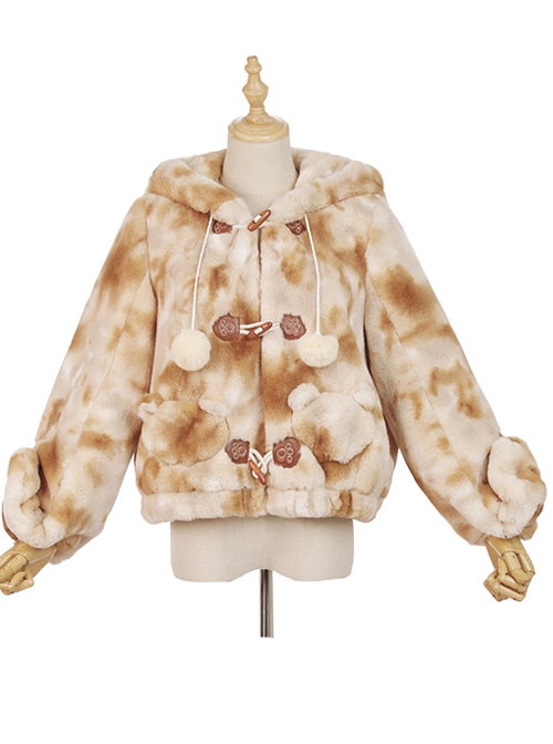 Brown Bear Plush Cute Sweet Lolita Bear Ears Hooded Winter Thicken Short Coat  |  Coat & Jacket