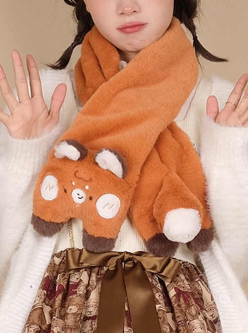 Brown Embroidered Fox Sweet Cute Daily All-Match Winter Warm Plush Sweet Lolita Scarf  |  Lolita Scarves