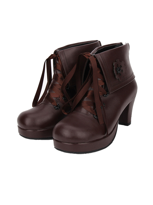 Brown Gear Decoration Lace-up Lolita High Heel Short Boots  |  Lolita Boots