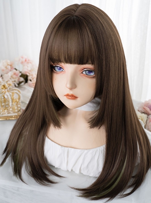 Brown Mixed Color Green Daily Natural Long Straight Hair Air Bangs Classic Lolita Wig  |  Wigs