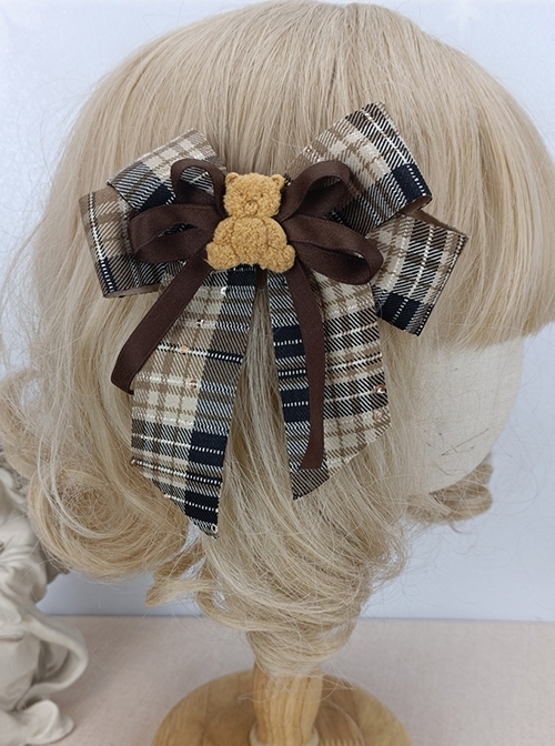 Brown Plaid Bowknot Plush Bear College Style Girly Classic Lolita Hair Clip  |  Lolita Hairpins