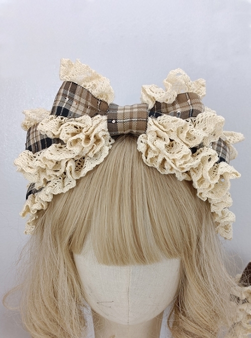 Brown Plaid Lace Decoration Princess Style Handmade Oversized Bow Sweet Lolita Headband  |  Lolita Headbands