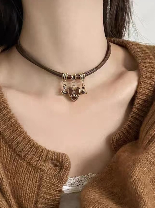 Brown Punk Lolita Sweet Cool Hottie Phnom Penh Heart Pendant Simple Versatile Collarbone Chain Necklace  |  Lolita Necklaces