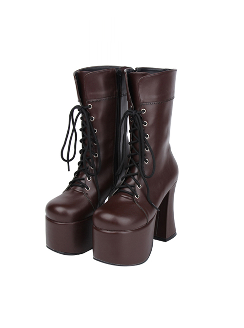 Brown Round-toe Lace-up Thick Bottom Lolita Middle Barrel Boots  |  Lolita Boots