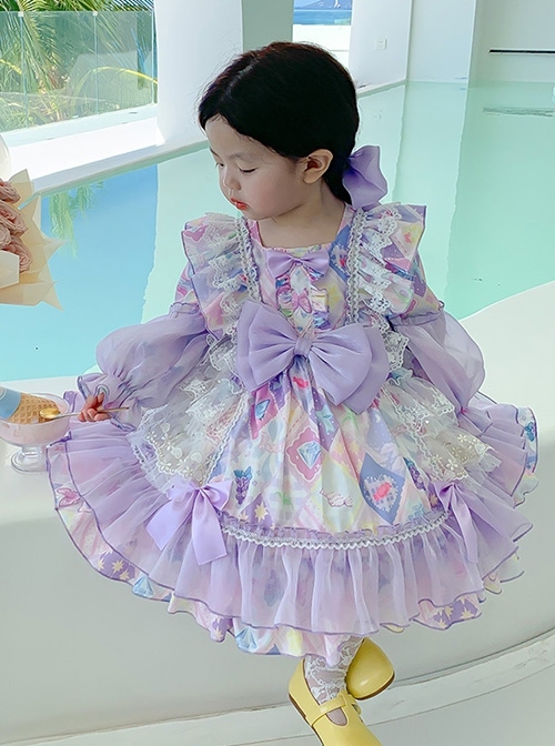 Candy Star Print Sweet Gorgeous Bow-Knot Lace Puff Sleeves Sweet Lolita Kids Long Sleeve Dress  |  Kids Dresses