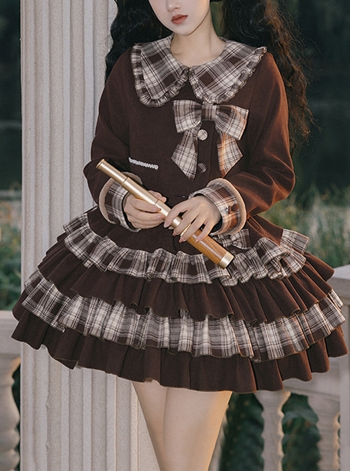 Caramel Macchiato Series Chocolate Brown College Style Plush Collar Short Coat Spliced Plaid Cake Skirt School Lolita Suit  |  School Lolita Dresses