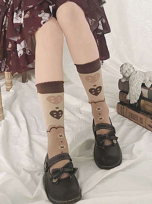 Caramel Sweetheart Series Love Print Sweet Lolita Brown Mid-Cut Knit Socks  |  Lolita Socks