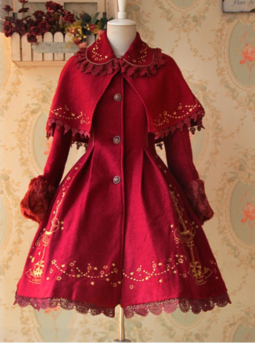 Carousel Series Golden Thread Embroidery Red Plus Cashmere Lolita Coat  |  Coat & Jacket