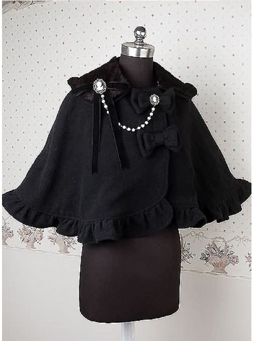 Cashmere Black Ruffle Bow Lolita Cape  |  Coat & Jacket