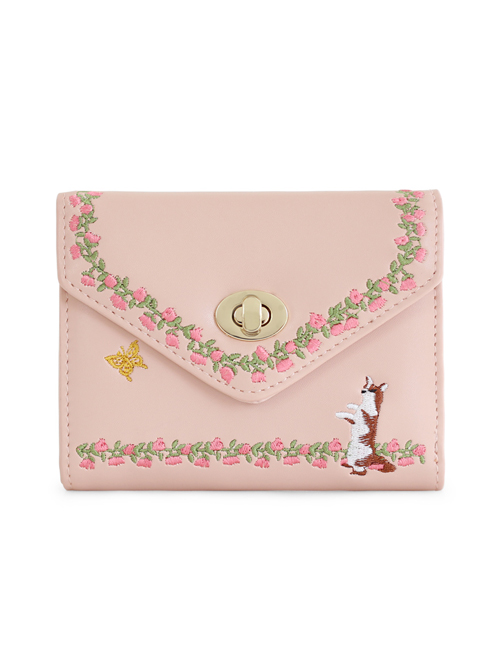 Cat And Flower Vine Embroidery Pink Lolita Short Wallet  |  Lolita Bags