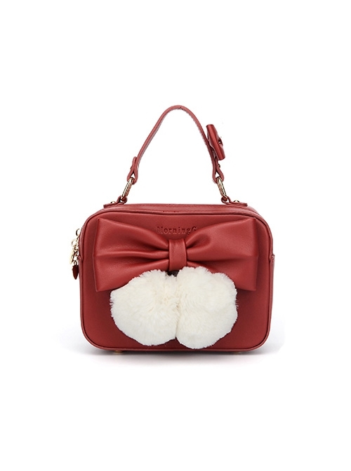 Cat Ball Series Solid Color Detachable Plush Ball Bow-Knot Decoration Small Square Bag Sweet Lolita Hand Shoulder Bag  |  Lolita Bags